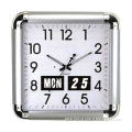 Wall Clock, Silver with Flip Calendar, Made of Plastic and Glass Materials, Square Shape